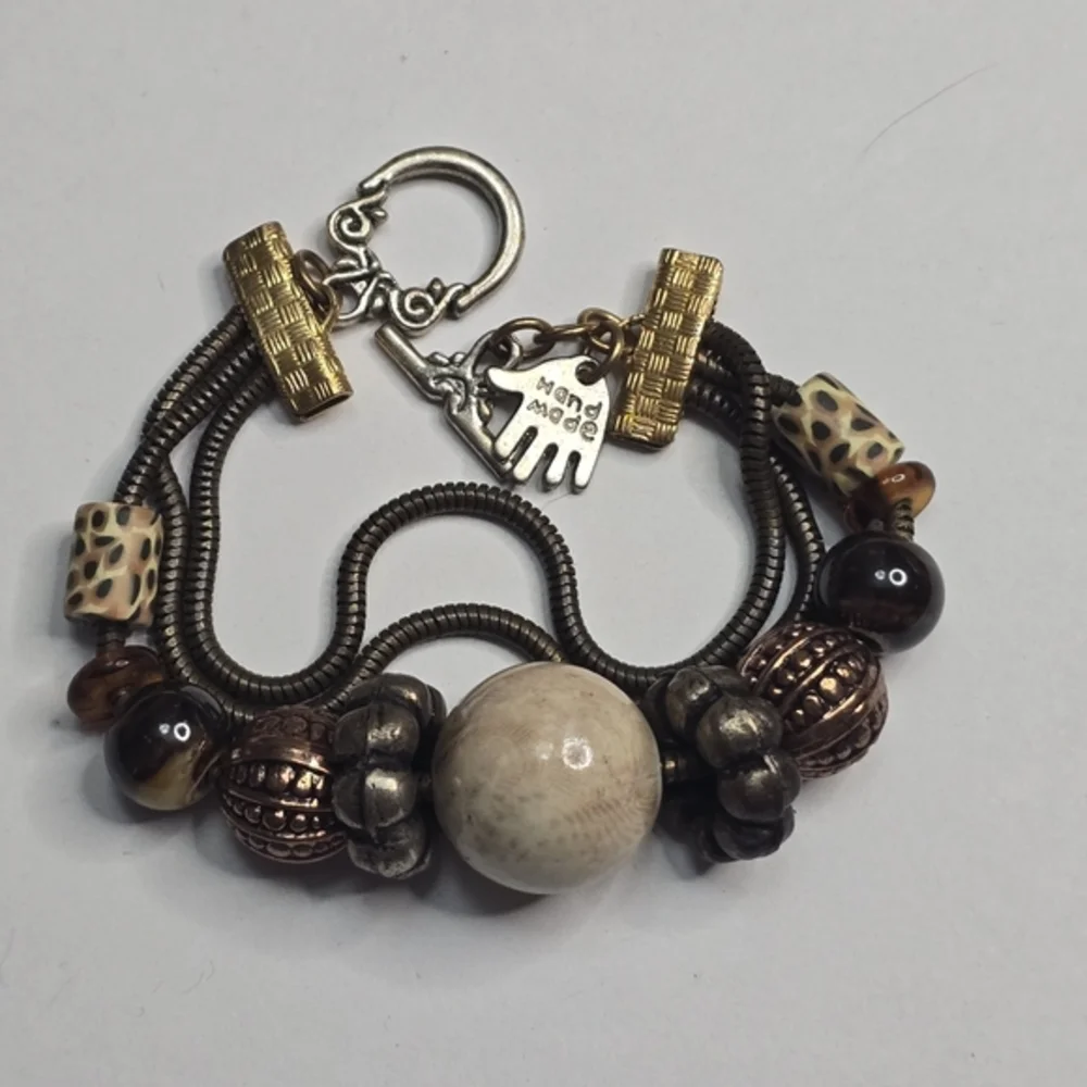 Boho Style Brown Beaded‎ Charm Bracelet Snake Chain Toggle Clasp